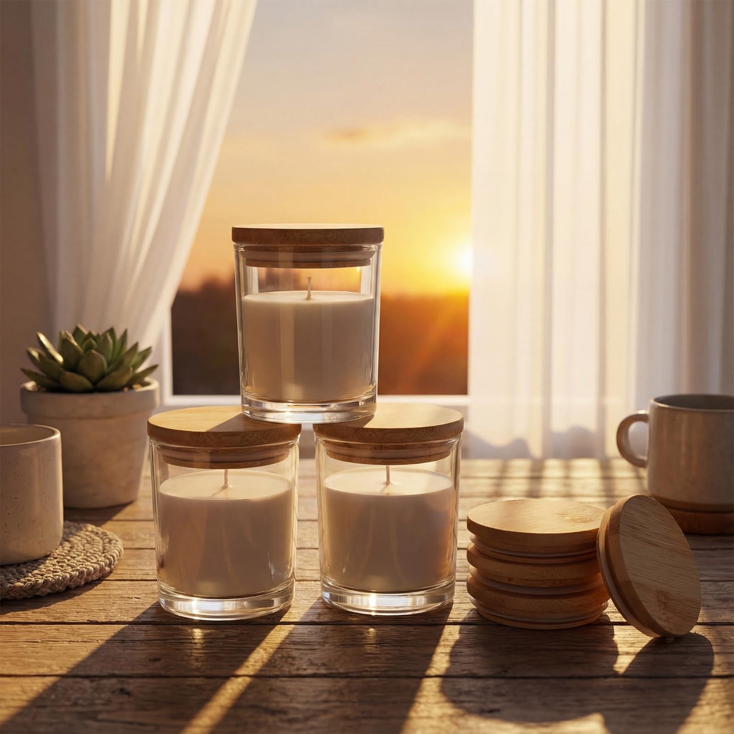 Ferrochef 12 Pcs Bamboo Lids for 7oz Candle Jars,Only Wood Cup Lids Tops for Making Candle, Glass Jars, Reusable Cover for Storage Decor Sample Container