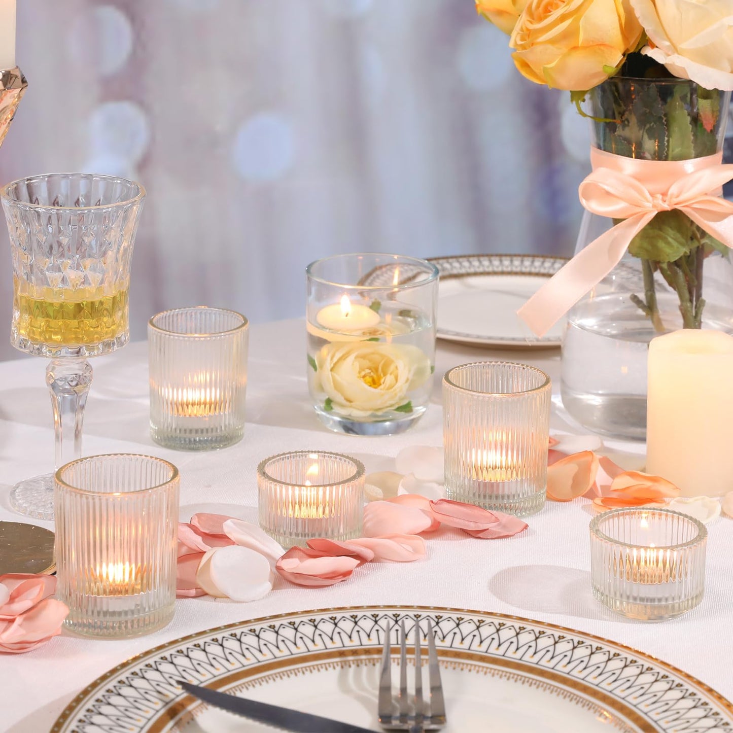 20pcs Assorted Ribbed Clear Votive & Tea Light Candle Holders, Glass Candle Holder for Table Centerpiece, Wedding, Baby Shower, Home and Party Decorations