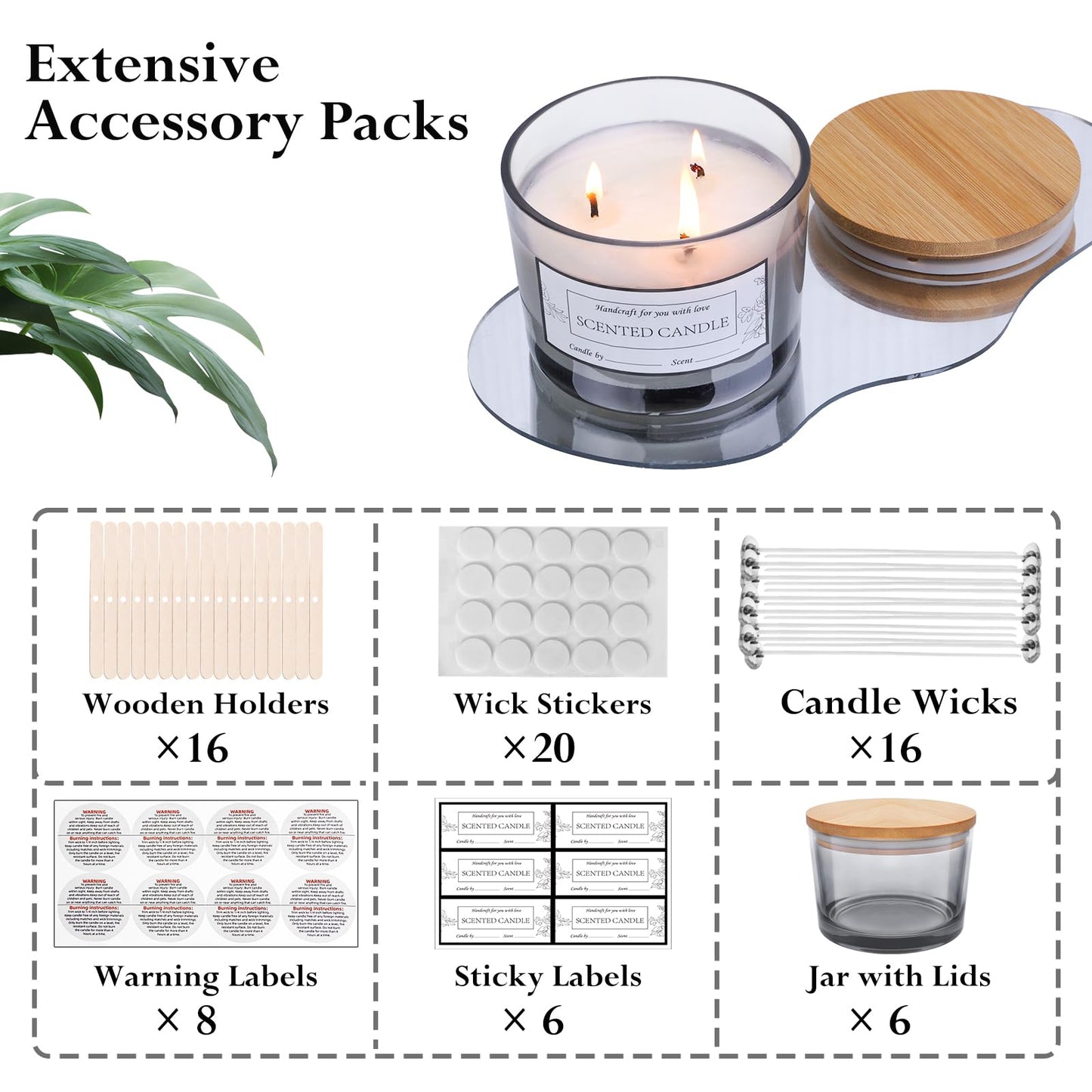 CONNOO 6-Pack 16 oz Candle Jars - 3-Wick Gray Empty Wide Mouth Glass Candle Jars Come with Bamboo Lids, Sticky Warning Labels, and a Candle Wick Kit for Candle Making - Dishwasher Safe