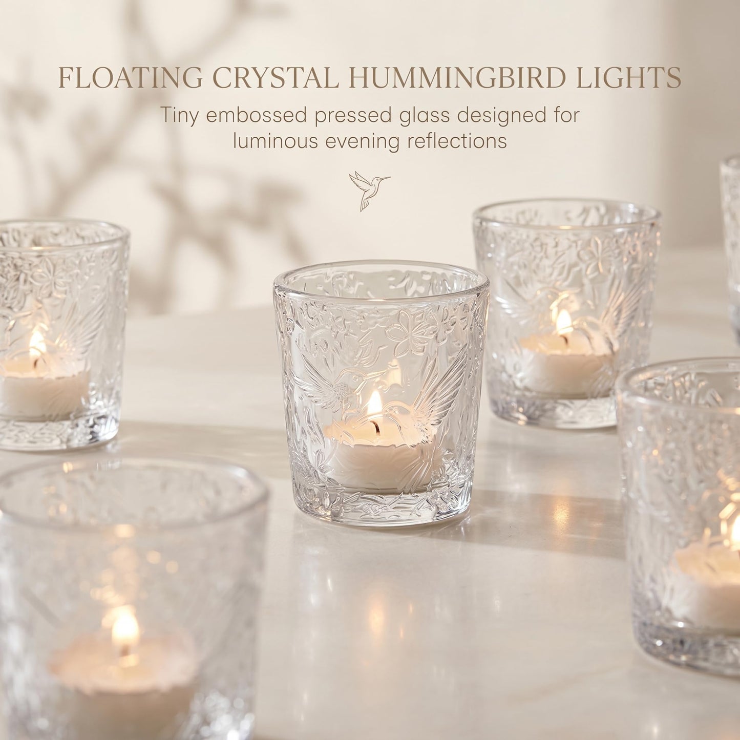 6 Pack Hummingbird Embossed Glass Candle Holders Votive Tealight Holders with Patent Design, Decorative Cups for Wedding Centerpieces, Parties, and Home Decor (Crystal Clear)