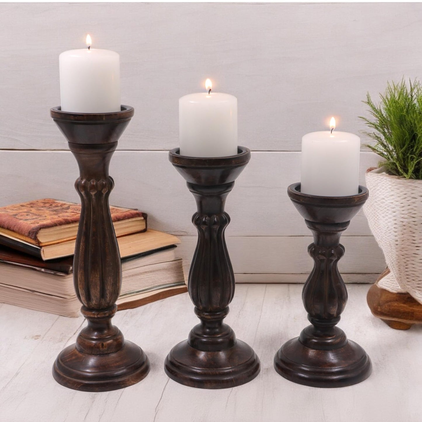 Hosley Set of 3 Dark Brown Wood Pillar Candle Holders 13 Inches 11 Inches and 9 Inches High Ideal for LED and Pillar Candles Gifts for Weddings Party Home Spa Reiki Aromatherapy