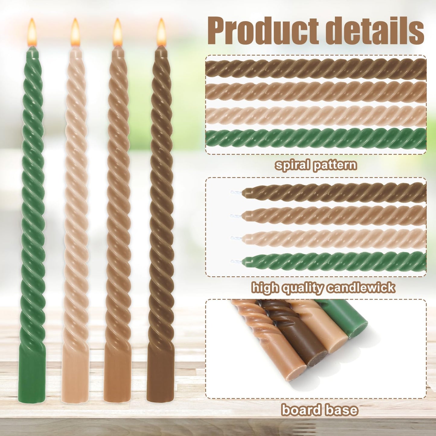 Whaline 8 Pcs 10 Inch Woodland Spiral Taper Candles Green Brown Dripless Twisted Wax Candles Long Unscented Candle Sticks for Home Forest Party Table Decor Supplies