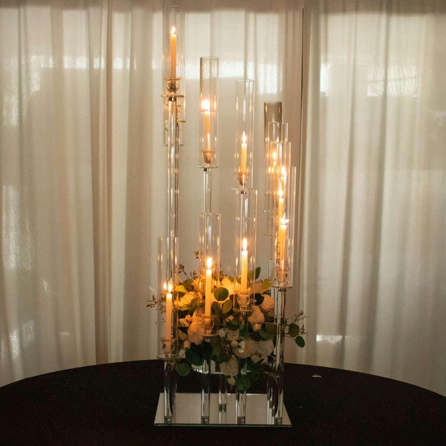 Efavormart 4.5ft Crystal 12-Arm Cluster Glass Candelabra Floral Pedestal Stand, Square Hurricane Taper Candle Holder Stand
