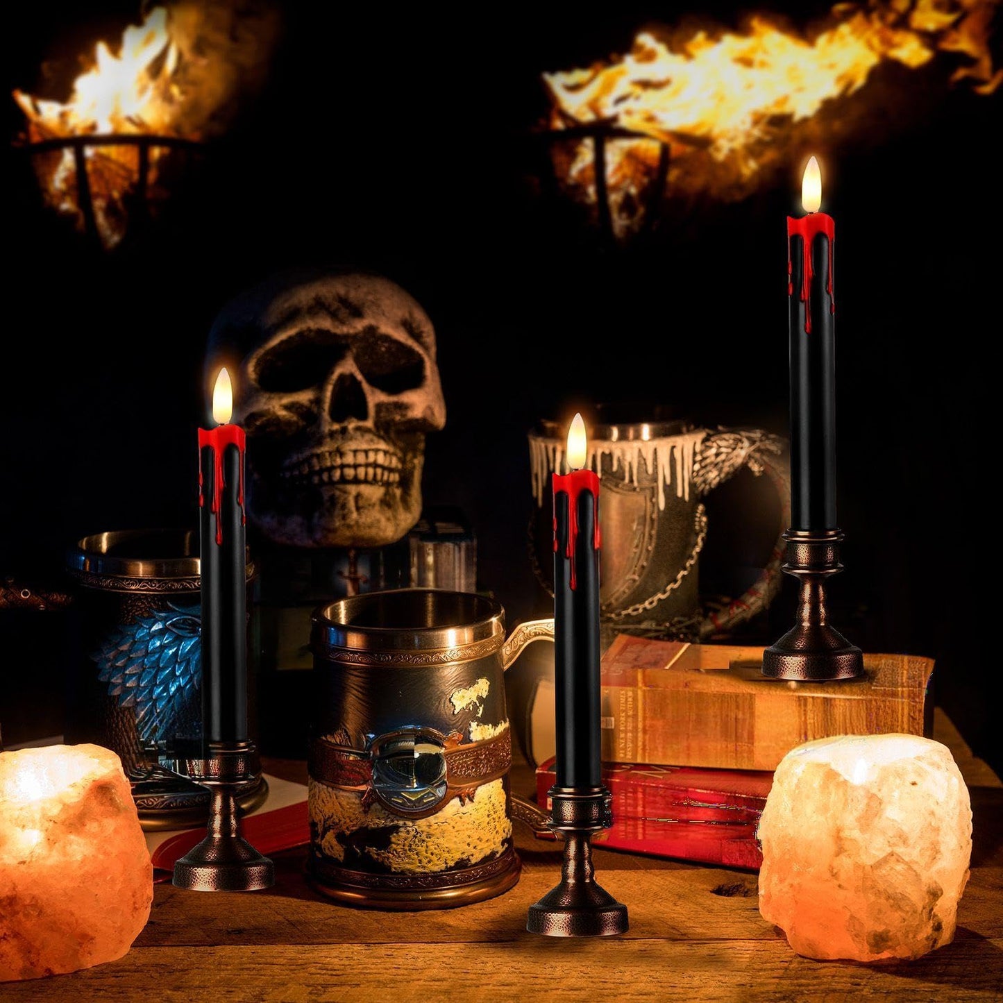 Sratte 12 Sets Halloween Blood Dripping Candle Holder Decoration LED Flameless Candlestick with Remote Battery Operate Vampire Tears Spooky Scary Creepy Decor for Indoor Home (Brown Holder)