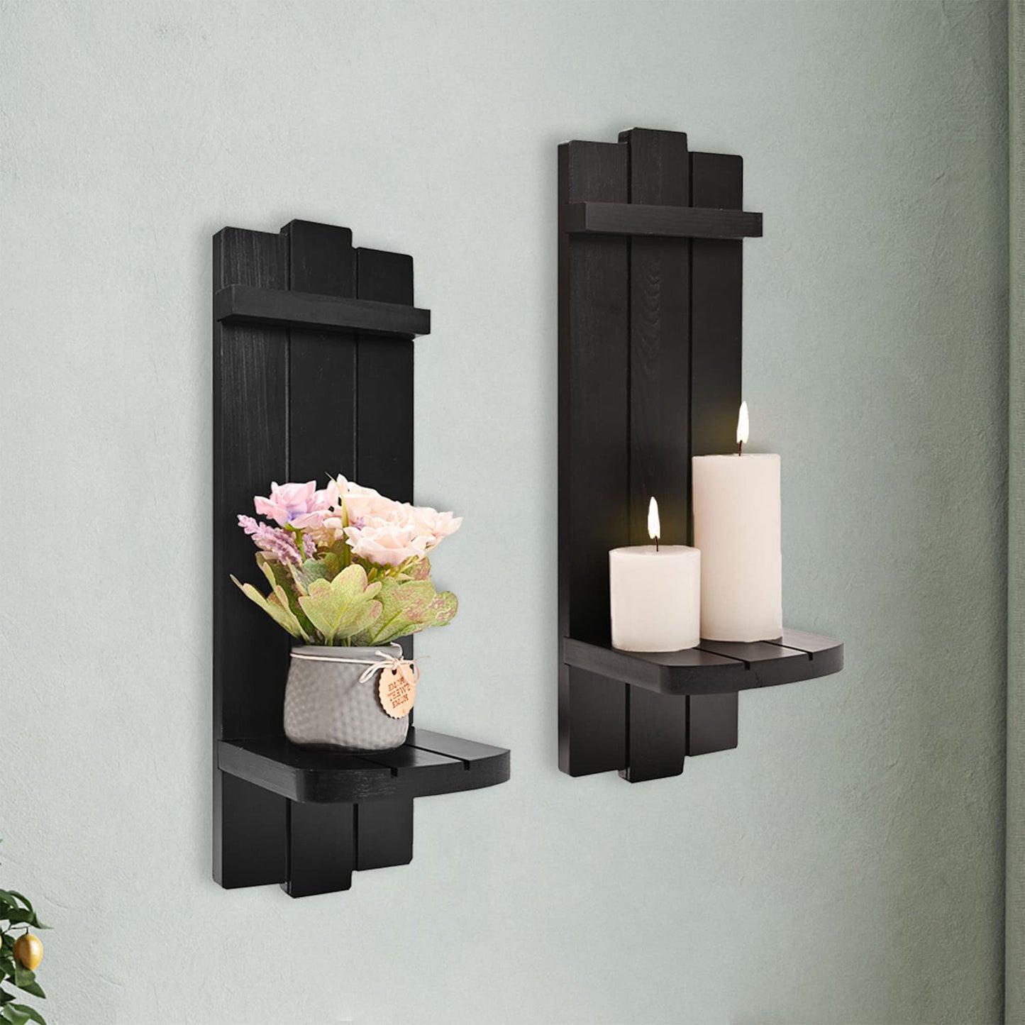 Yorkmills Sconces Set of 2, Rustic Home Decor, Farmhouse Wall Art Floating Candle Holder Shelf, Black Decorations for Living Room, Dining Room, Bedroom, Bathroom