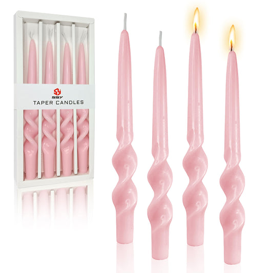 FCMSHAMD Handmade Spiral Taper Candles - Unscented Long Candles Colored Wax Twisted Candle - 10 Inch Candle Sticks for Wedding Dinner Party Decoration - Set of 4(Pink)
