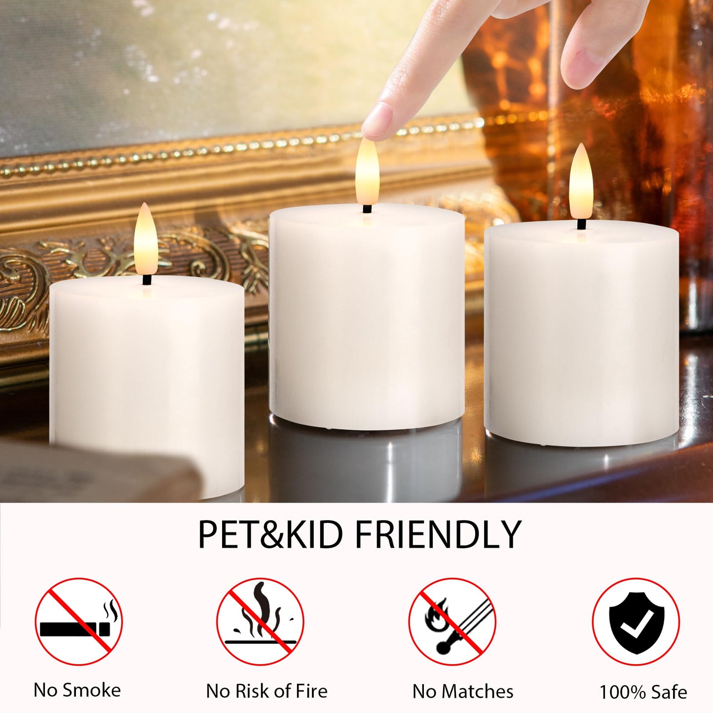 SEHNSY White Flameless Candles Set of 3 (3"x3") Battery Operated LED Pillar Candles with Remote and Timer, Real Wax Flickering Candles for Fireplace Bedroom Living Room Home Decor and Indoor Use