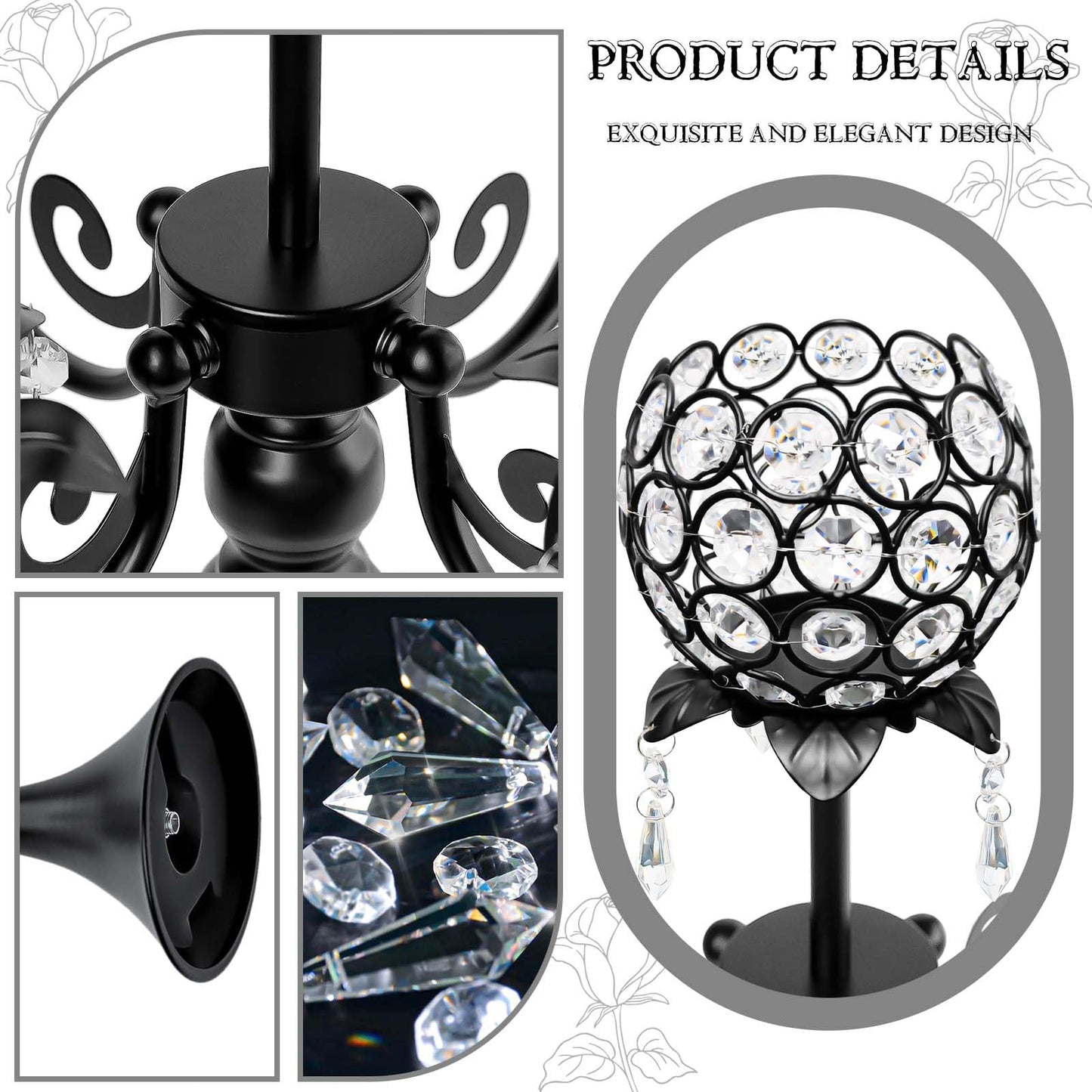 Kehail Crystal Tea Light Candle Holders Set - 14" L x 22.5" H Matte Black Metal & Sparkling Accents, Wedding & Party Centerpiece Decor(2, Black)
