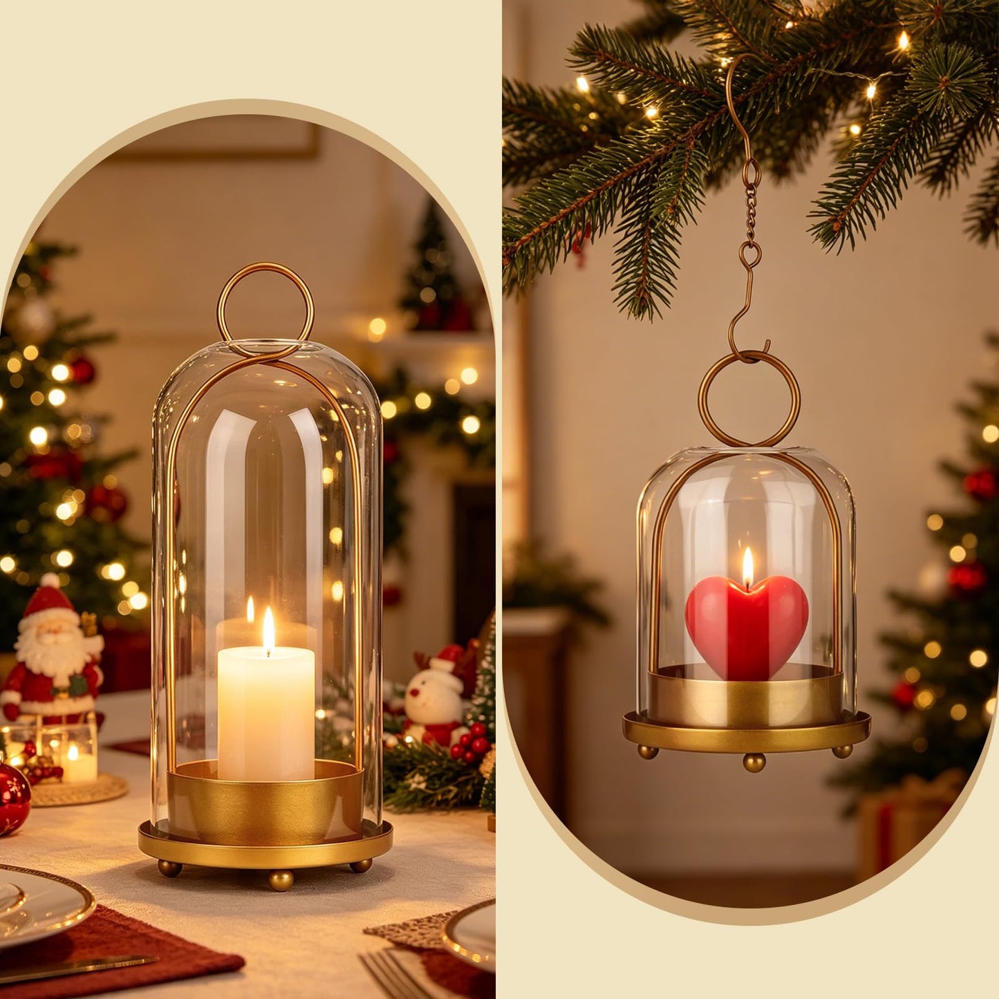 5"&4" Hurricane Glass Candle Holder Set - Metal Frame with Glass Chimney, Hanging Brass Metal Candle Holder, Pillar Candle Lantern for Wedding Party Holiday Dining Table Mantel Home Decor