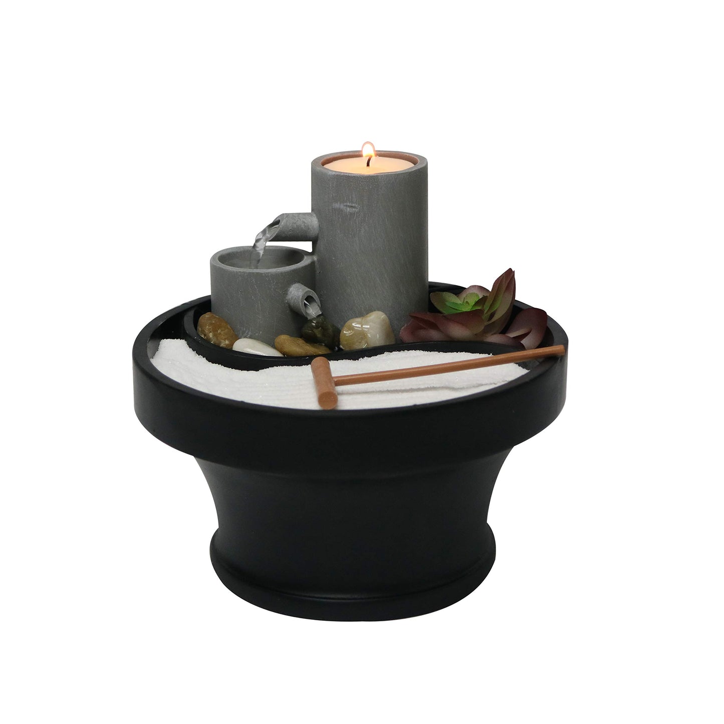 Nature’s Mark Relaxation Indoor Tabletop Water Fountain Zen Garden Combo Décor with Tealight Candle Holder, Succulents, and Accessories (6”H x 7”D) (Candle Not Included)