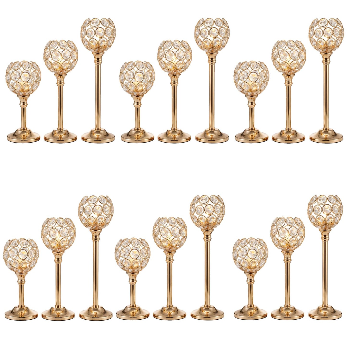 HearthLume Candle Holder Candlestick Holders- 6Set Gold Crystal Pillar Candle Holders,Metal Candlestick Stands for Wedding Centerpieces,Table Decor for Church,Valentine's Day Housewarming Gift,18Pcs