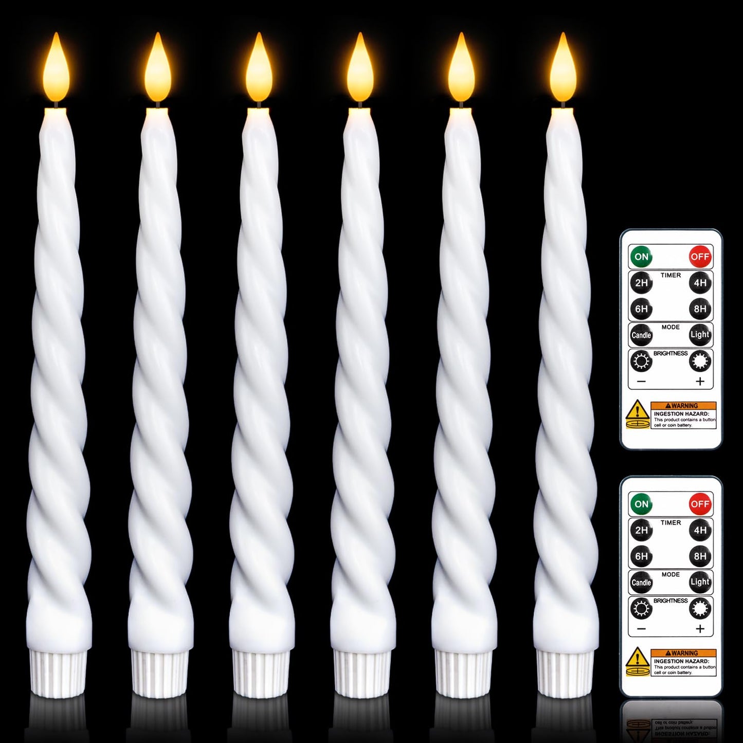 Meigic Flickering Flameless Taper Candles with Timer, Real Wax White Twisted Taper Candles Battery Operated, 9.6 Inch Led Candlesticks with Remote Control for Christmas, Wedding, Home Decor