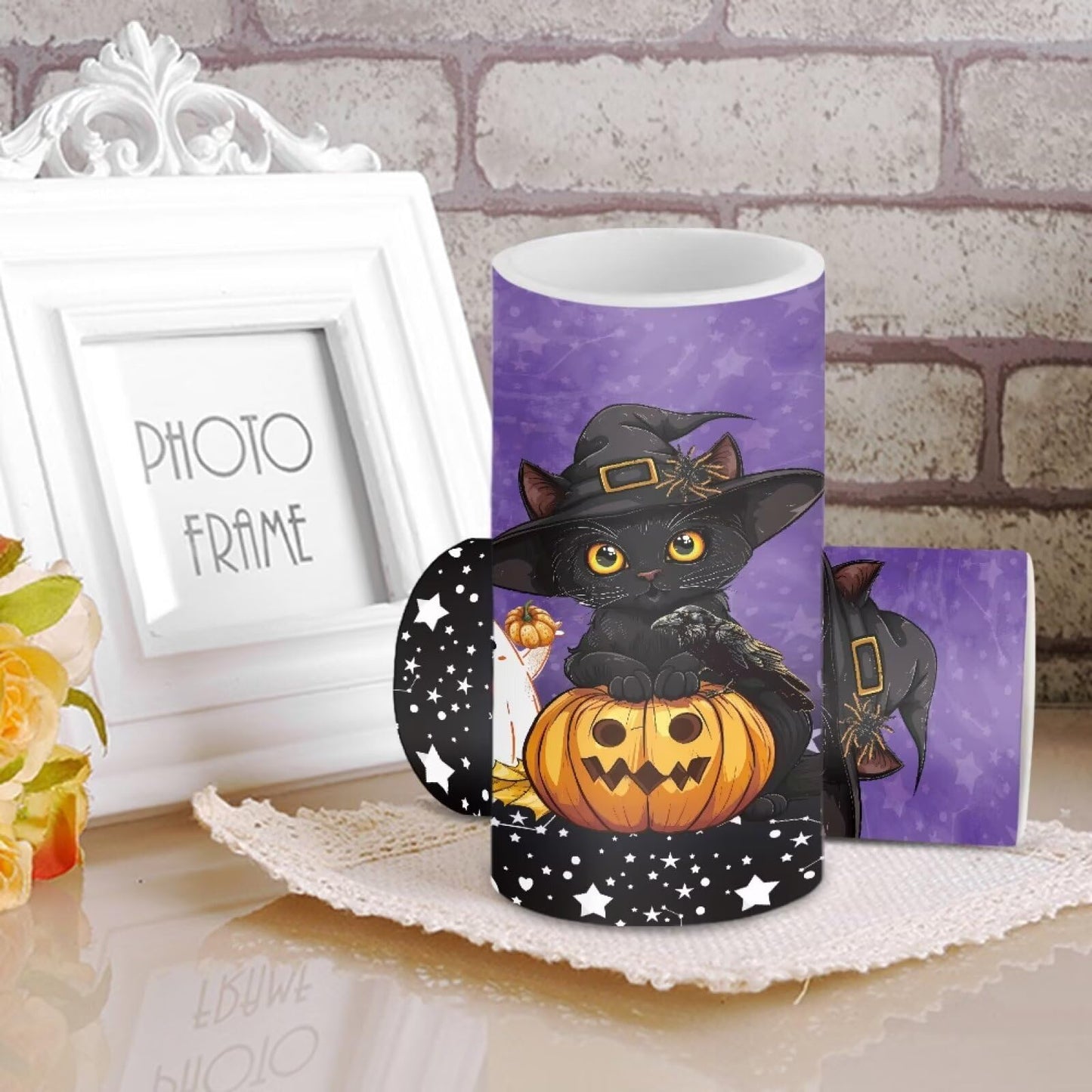 Luarisgur Halloween Flameless Candles with Remote, 2 Pack LED Battery Operated Candles for Halloween Party Multicolor Flameless Electric Pillar Candle with Black Cat Ghost