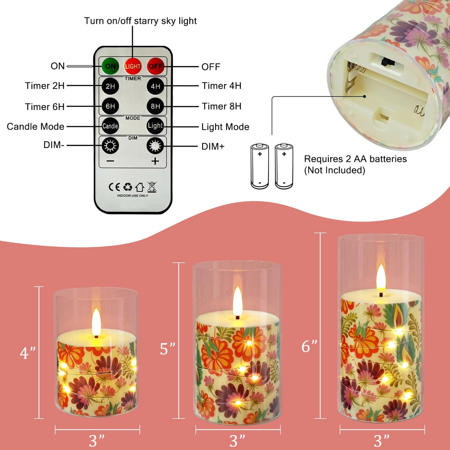 NjaoHoo Flickering Flameless Candles, Recessed String Light LED Candles 3D Wick Acrylic Battery Operated LED Pillar Candles with Remote and Timer for Modern Simple Home Decor Set of 3(Floral Printed)
