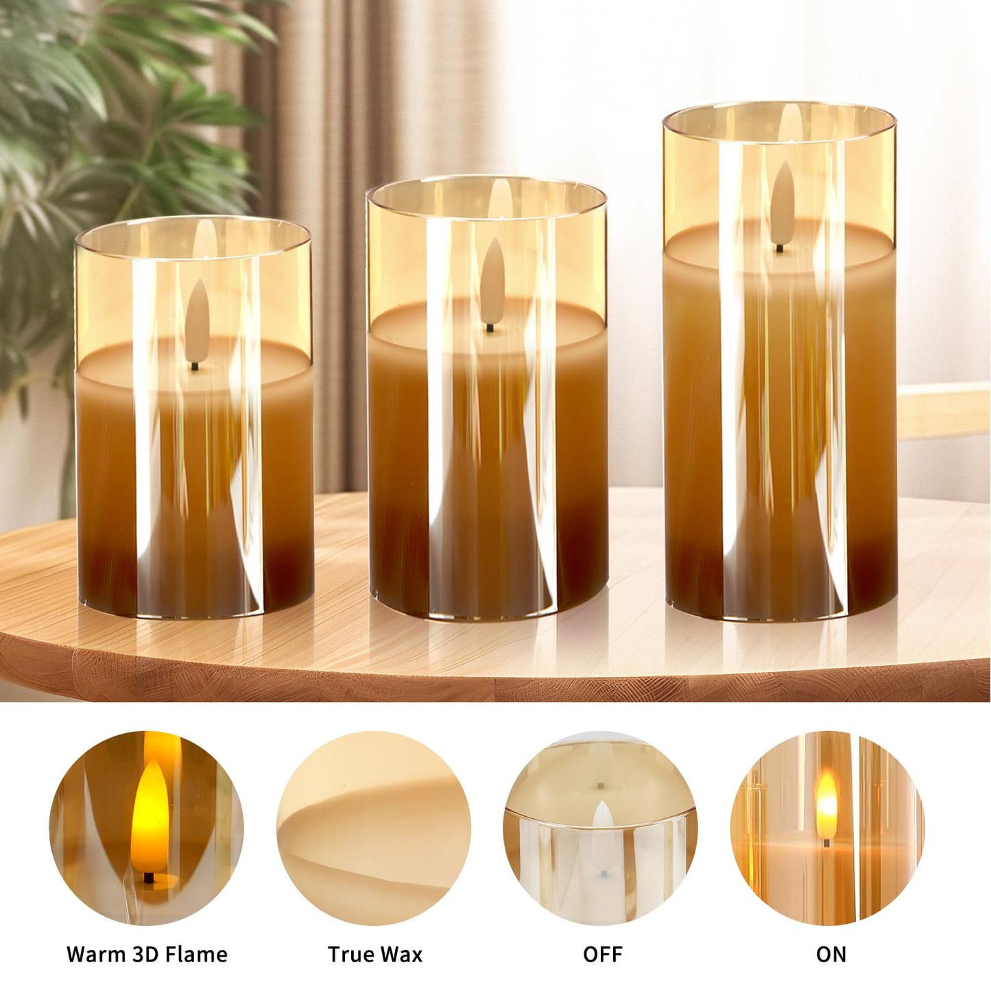Flameless Candles, Battery Operated Led Flickering Flameless Candles 3 Pack with Star String Lights, Brown Glass Timer & Remote, Flickering Safe for Wedding Home Party Decor