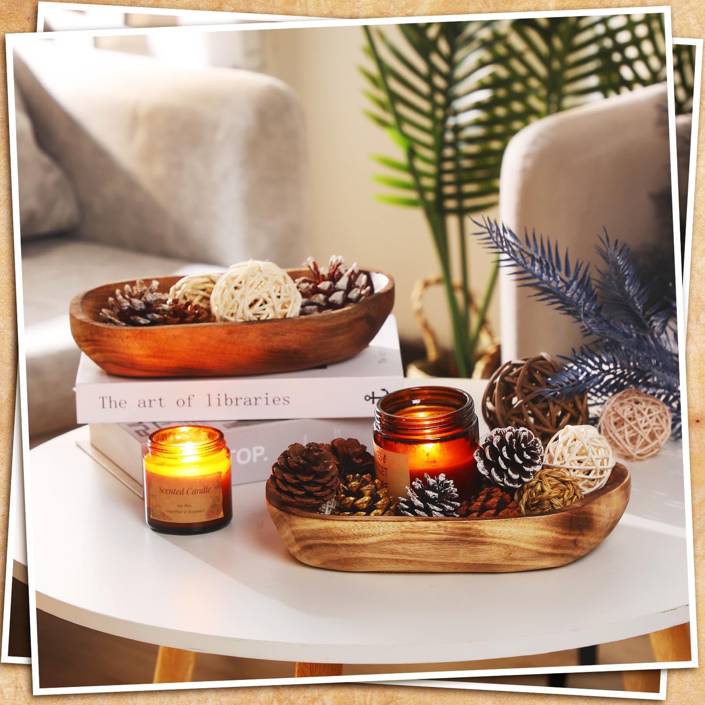2 Pcs Wooden Dough Bowls for Decor Oblong Decorative Bowl Home Decor Fruit Vessel for Kitchen Counter Rustic Carved Serving Container Long Wooden Bread Tray for Dining Room Table(10 x 6 x 2 Inch)