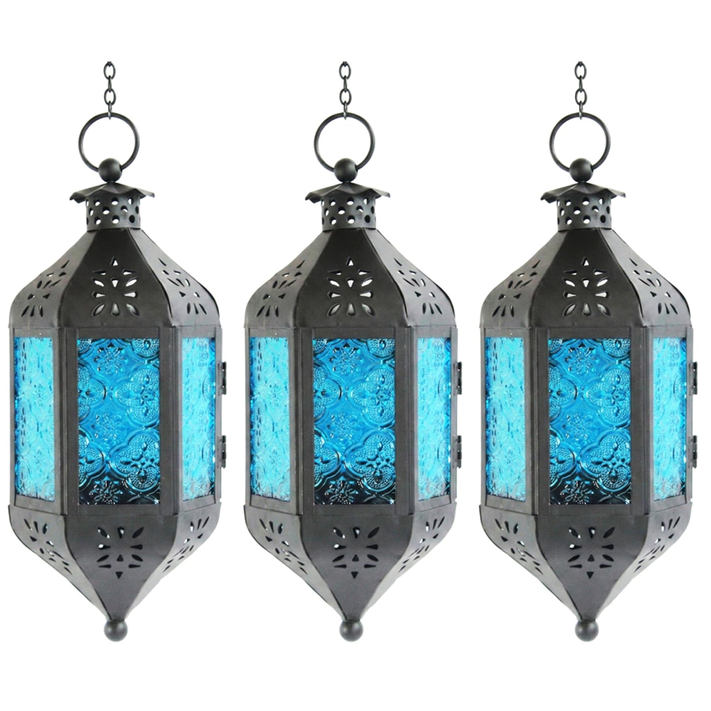 Vela Lanterns Hanging Moroccan Lamp - Exotic Decorative Patio & Porch Decor, Indoor Outdoor Tea Light Candle Lantern Holder with Chain (11" Medium, Blue Glass, 3-Pack)