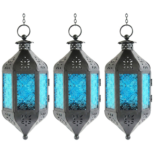 Vela Lanterns Hanging Moroccan Lamp - Exotic Decorative Patio & Porch Decor, Indoor Outdoor Tea Light Candle Lantern Holder with Chain (11" Medium, Blue Glass, 3-Pack)
