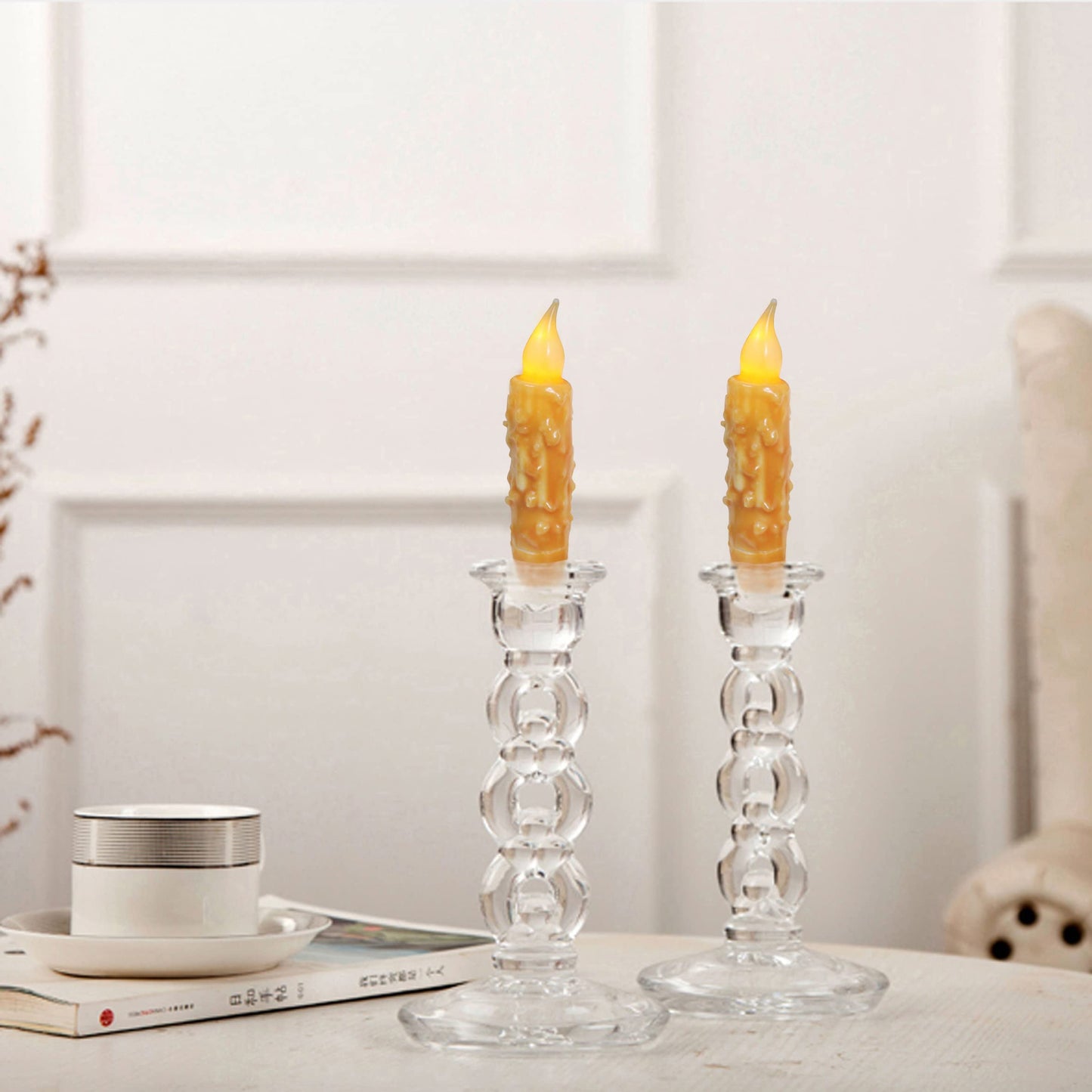 CVHOMEDECO. Real Wax Hand Dipped Battery Operated LED Timer Taper Candles Rustic Primitive Flameless Lights Decor, 4-3/4 Inch, Orange, 6 PCS in a Package