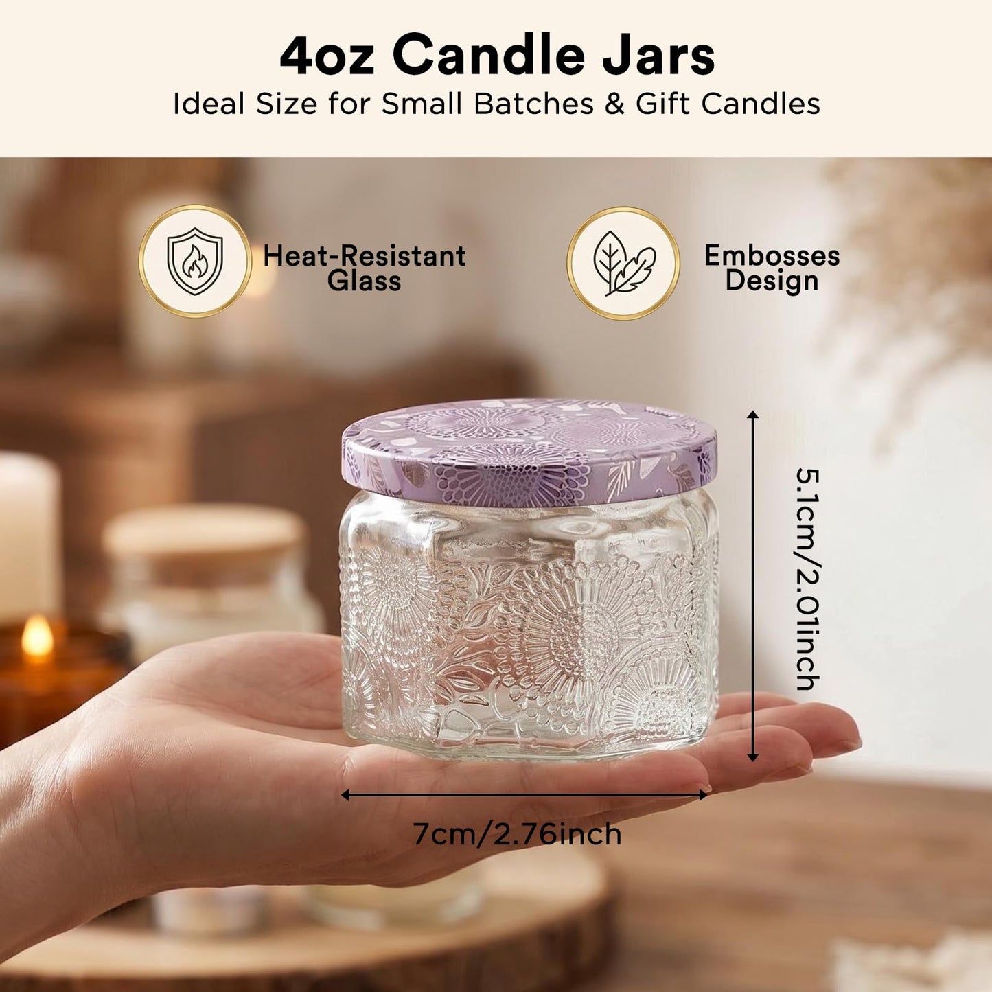 12 Pack 4oz Glass Candle Jars with Lids, Hexagon Embossed Candle Making Containers, Empty Candle Jars with 20 Wicks & Labels for DIY Candle Making, Party Favors, Home Decor