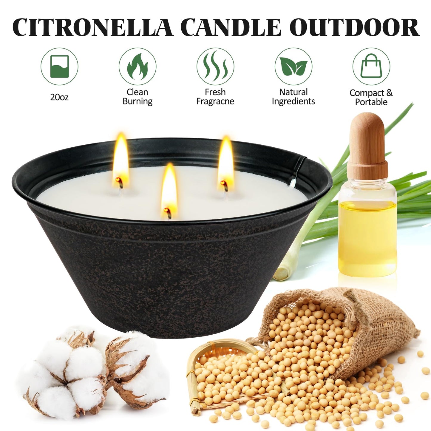 Citronella Candles Outdoor Large 23oz 3-Wick Natural Citronella Lemongrass Soy Wax Bucket Candle Up to 100 Hours Outdoor Candles for Patio,Yard,Fishing,Home Decor,Backyard in Summer