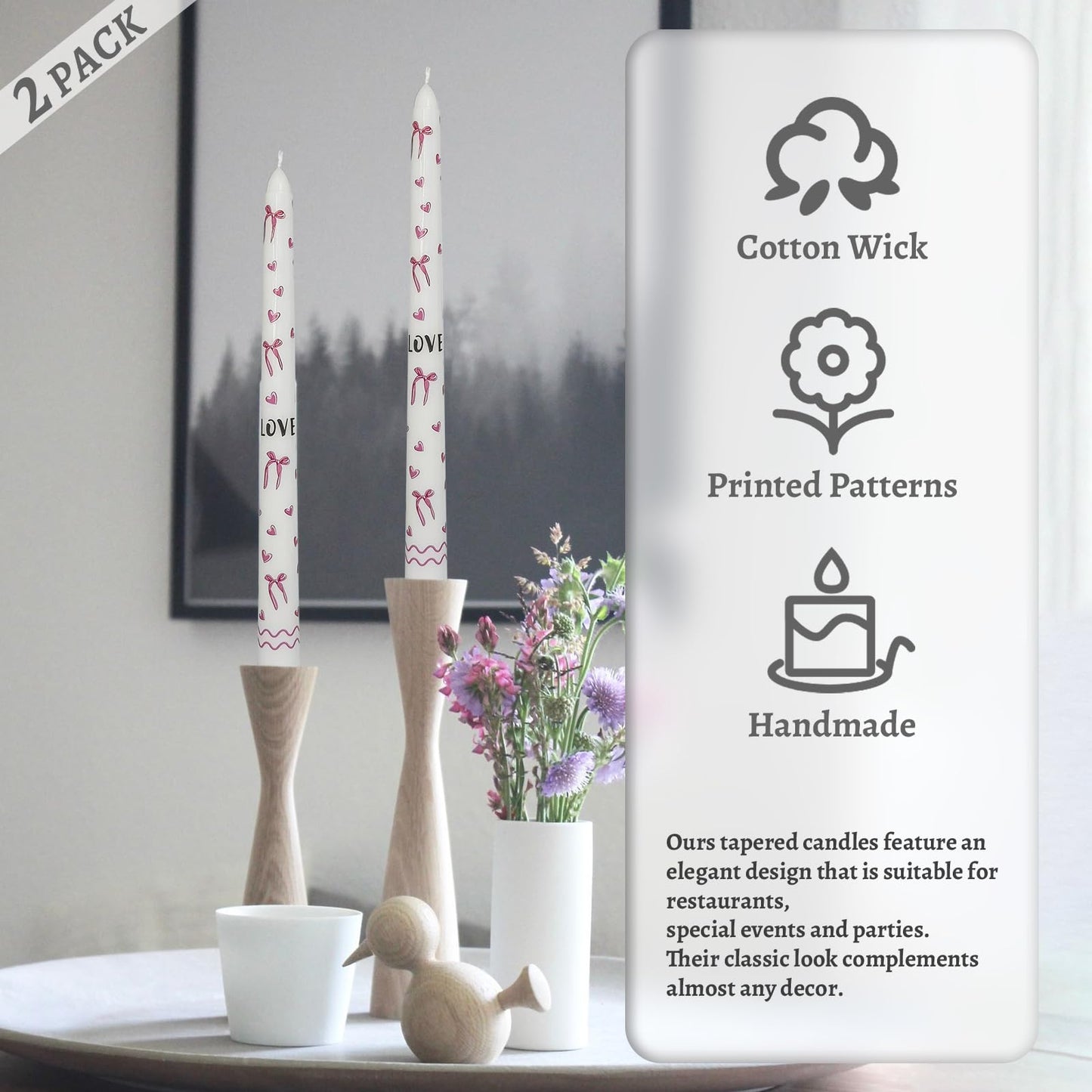 Floral Taper Candles 10 Inch Tall Unscented Handmade Bows and Hearts Print Long Burning Elegant Candlesticks for Wedding Dinner Home Decor