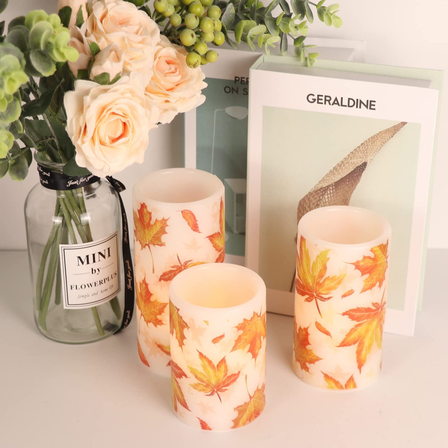 GenSwin Maple Leaf Flickering Flameless Candles Battery Operated with 6 Hours Timer, Real Wax Led Pillar LED Candles Christms Wedding Decoration