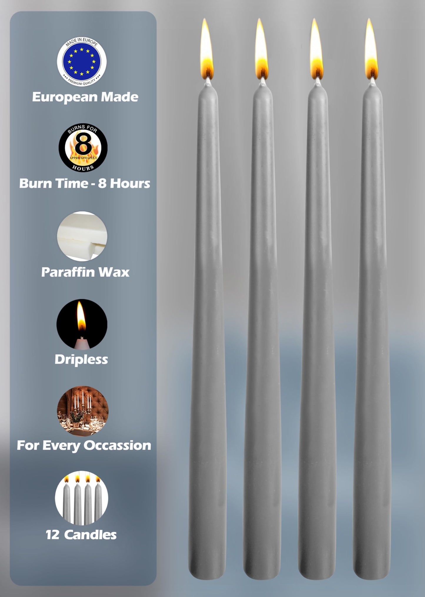 Hyoola Tall Taper Candles - 10 Inch Dripless, Unscented Dinner Candle, Paraffin Wax with Cotton Wicks - 8 Hour Burn Time, Dark Grey (Pack of 12)