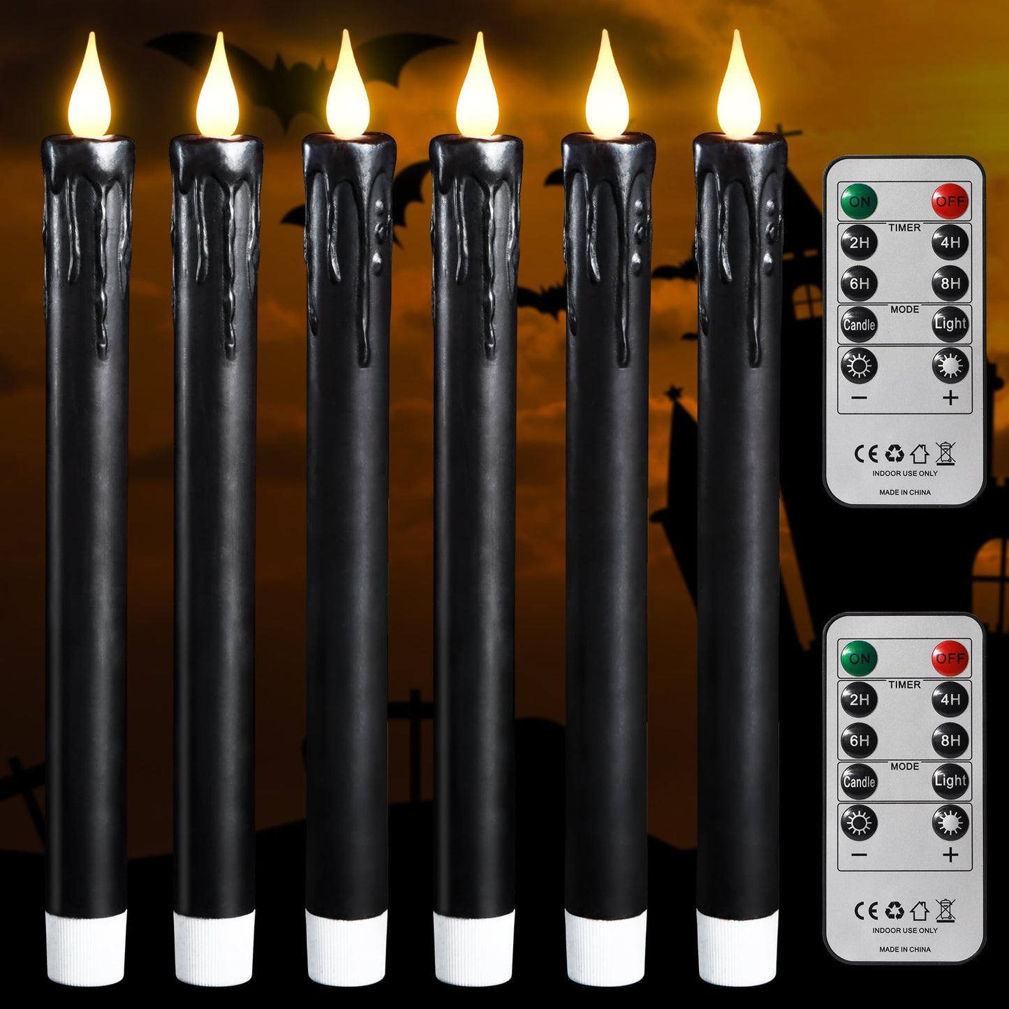 yunsheng 6Pcs Black Flameless Taper Candles with Remote Timer, 9.5 Inches Real Wax Battery Operated LED Candles, 3D Wick Warm White Flickeing Candle for Halloween Party Home Decor
