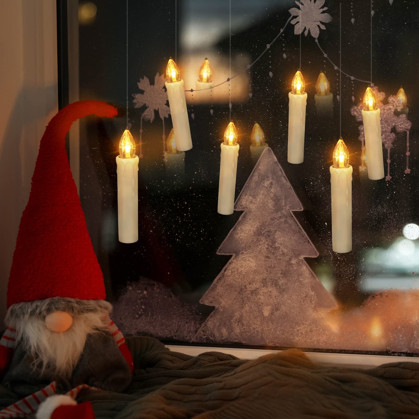 FPOO 12 PCS Flameless Flickering Window Candles with Timer Remote, Battery Operated LED Taper Christmas Tree Candles Lights with Clips and Suction Cups for Home, Garden, Holiday Decorations