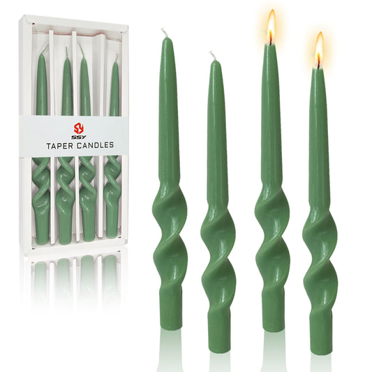 FCMSHAMD Handmade Spiral Taper Candles - Unscented Long Candles Colored Wax Twisted Candle - 10 Inch Candle Sticks for Wedding Dinner Party Decoration - Set of 4(Sage Green)