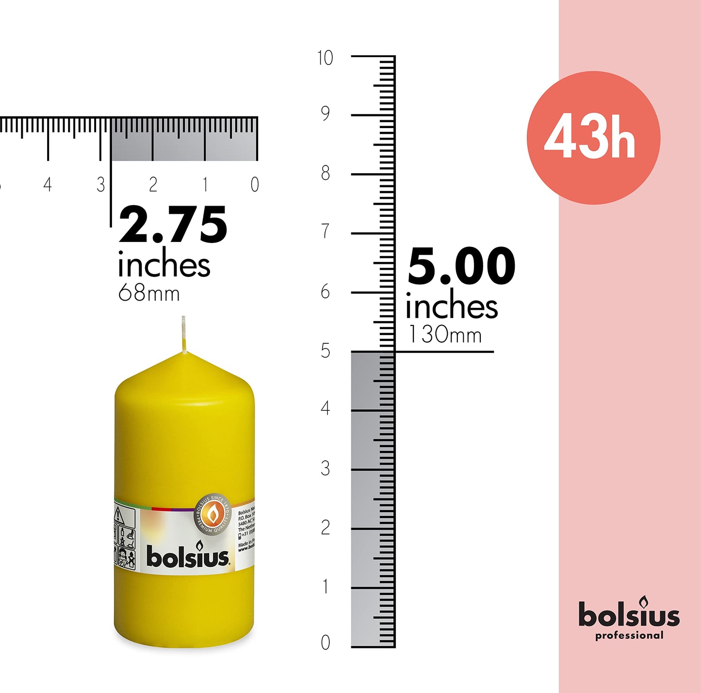BOLSIUS 8 Yellow Pillar Candles - 2.75 x 5 Inches - Premium European Quality - Individually Wrapped - 43 Hours Burn Time - Dripless & Smokeless - Unscented Dinner, Wedding, Party, & Restaurant Candles