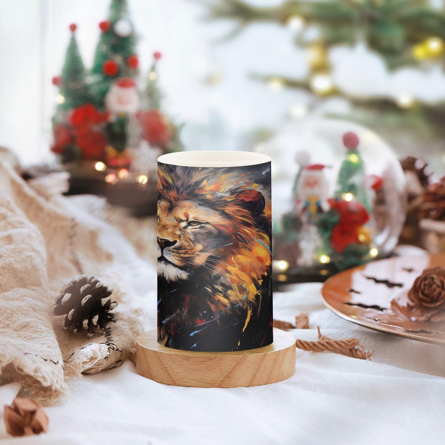 Lights Flameless Candles Painting Lion Pillar Candles Set of 2 Battery Operated Remote Control Warm Lights Home Decor