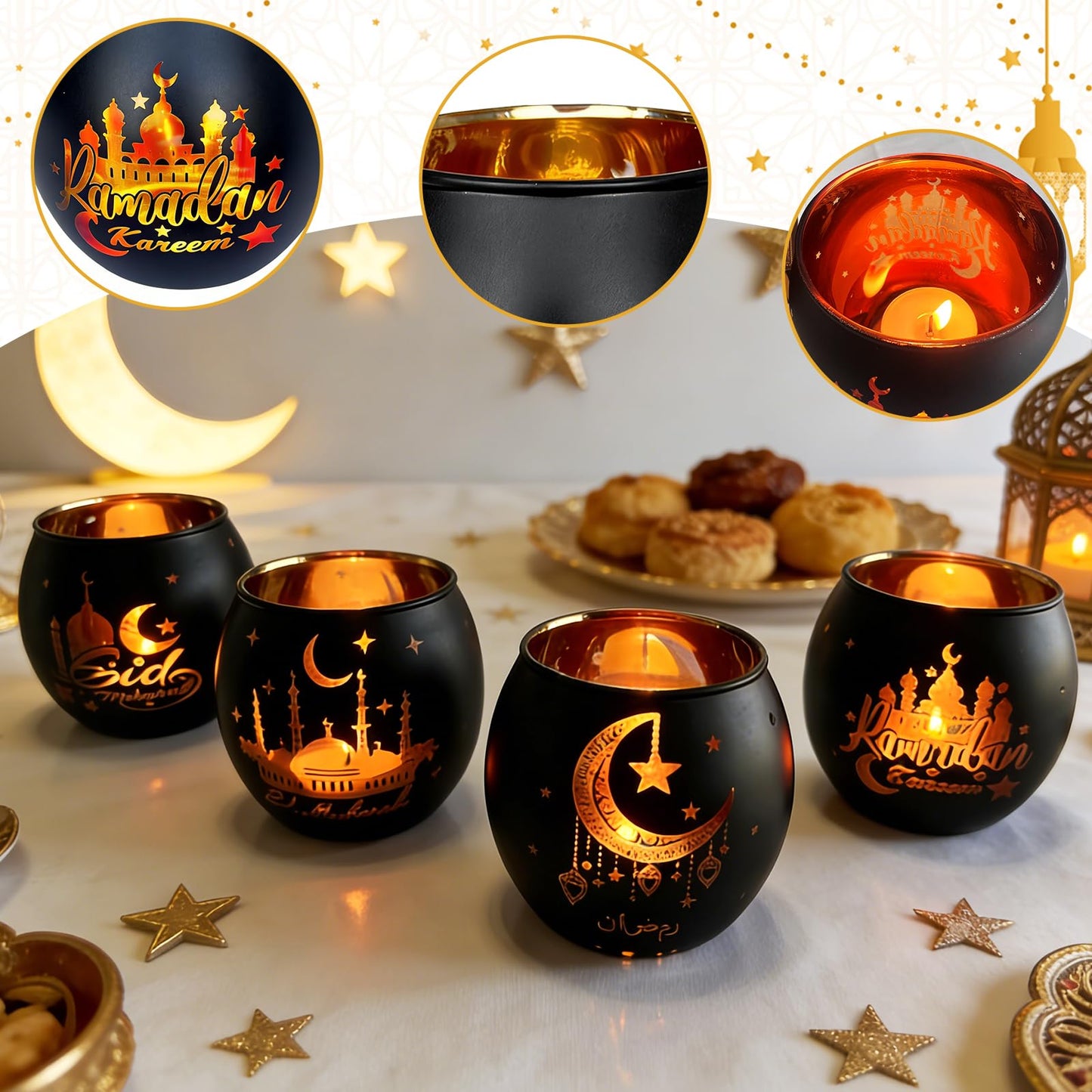 Eid Mubarak Glass Tea Light Candle Holders, Votive Tealight Holder Table, Centerpiece Decorations for Muslim Party Decor (Ramadan)