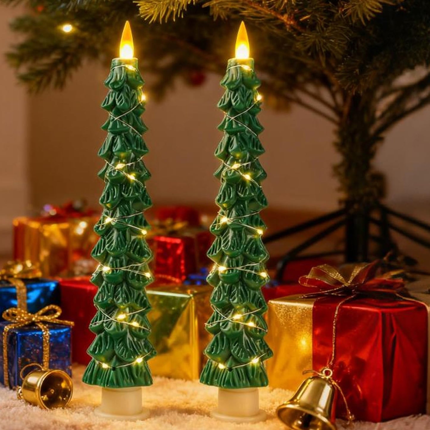 Eynshoo 2-Pack Christmas Tree Flameless LED Candles with String Lights, Realistic 3D Flickering Flame, Remote Control, Battery-Operated Christmas Decorations for Home & Holiday Display
