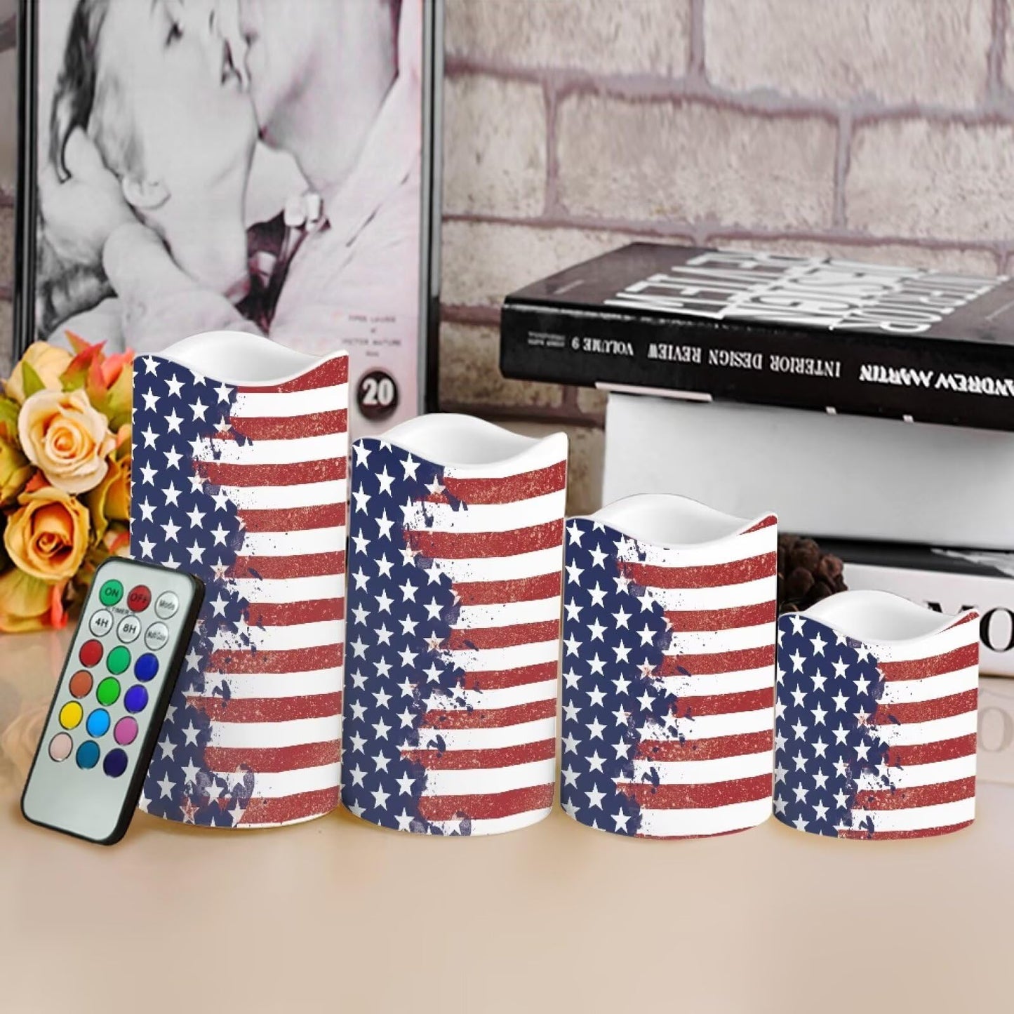 Uorisanigo Stars and Stripes Plastic Flameless Candles with Remote Control and Timer LED Flickering Battery Operated Color Changing Electric Pillar Candles USA Patriotic Design