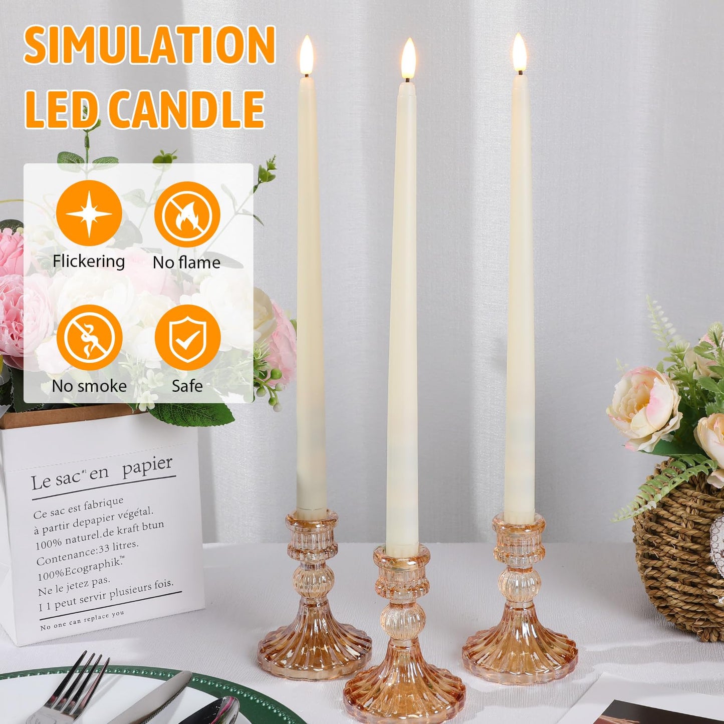 Baquler 50 Pcs Flameless Taper Candles Battery Operated Bulk 12.4 Ivory LED Taper Candles Flickering LED Candlesticks for Wedding Advent Halloween Christmas Party Decor