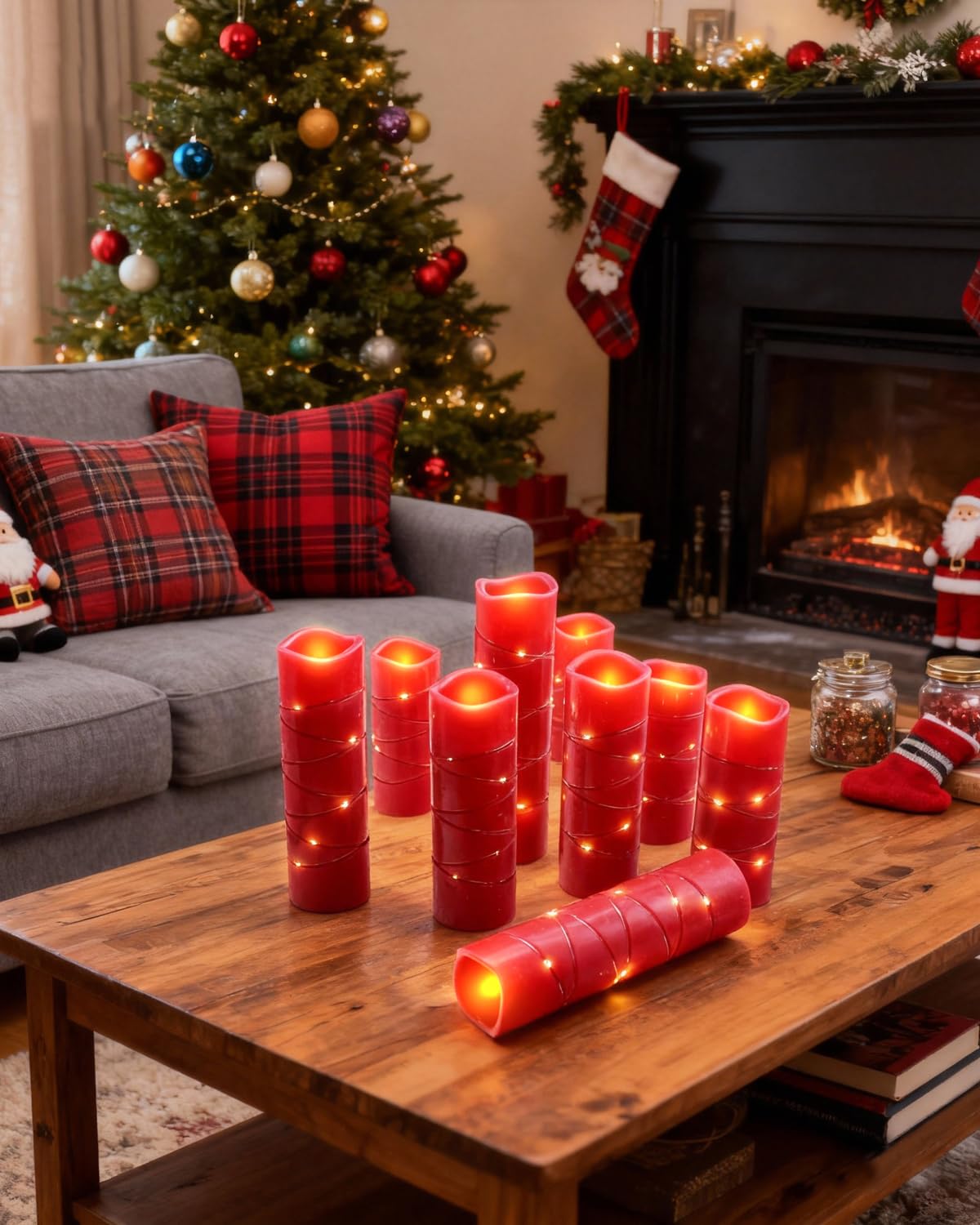 Red Flameless Pillar Candles with String Lights – 9 Pack Real Wax LED Candles, Remote Controlled with 2/4/6/8H Timer, Each Uses 2 AA Batteries (Not Included) for Christmas & Holiday Home Décor