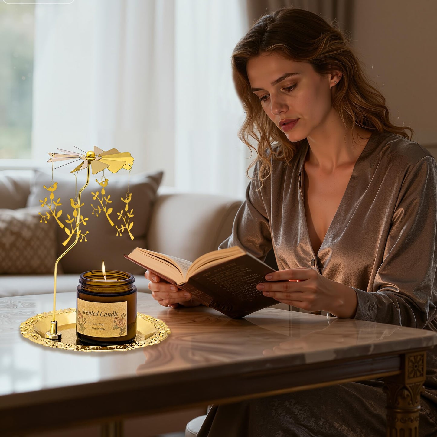 Rancco Spinning Candle Holder with Tray, Gold Candle Carousel, Heat-Powered Metal Candlestick Holders for Table Centerpiece, Wedding, Christmas, Valentine's Day, Party Decor (Bird on a Branch)