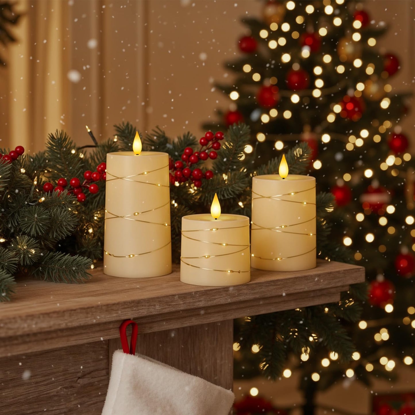 Raycare Flameless Candles with Remote Timer, Flickering Battery Operated LED Pillar Fake Candle with String Lights for Home Decor, Christmas, Wedding and Gift, Ivory, Set of 3