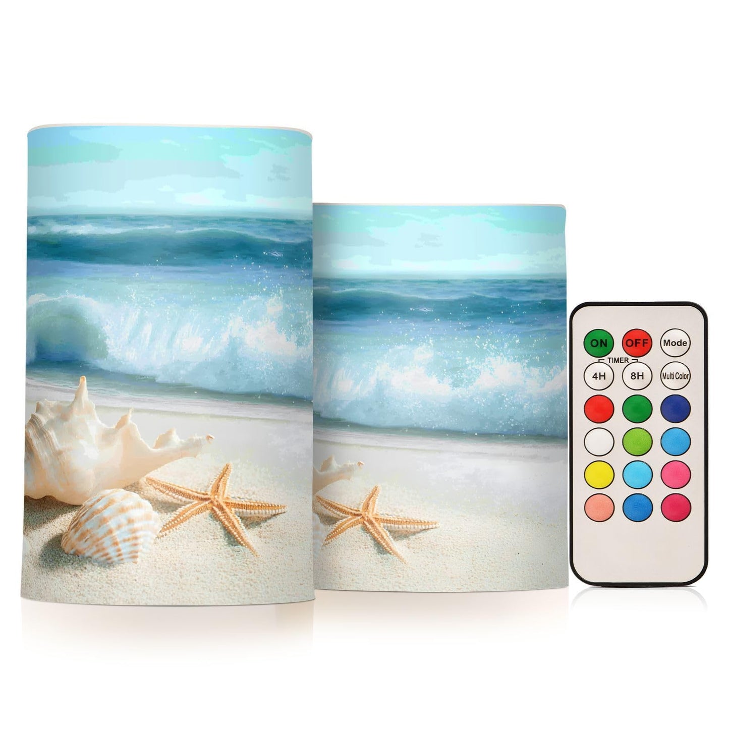 BOENLE Flickering Flameless Candles, Shells Summer Sandy Beach LED Candles with Remote Timer, Set of 2 Battery Operated Candle for Valentine Wedding Birthday