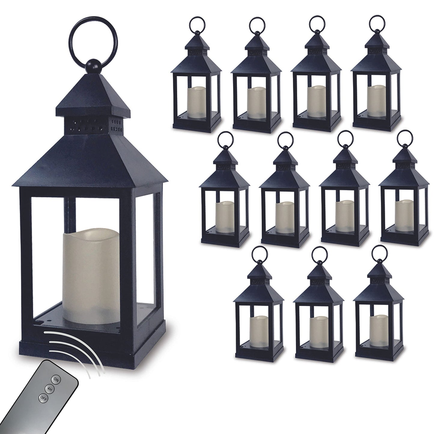 Black Decorative Lanterns Set of 12 – 11" LED Flameless Candle Lanterns with Remote & 4 Hour Timer – Indoor Outdoor Hanging Lanterns for Patio, Porch, Wedding, Pathway Decor