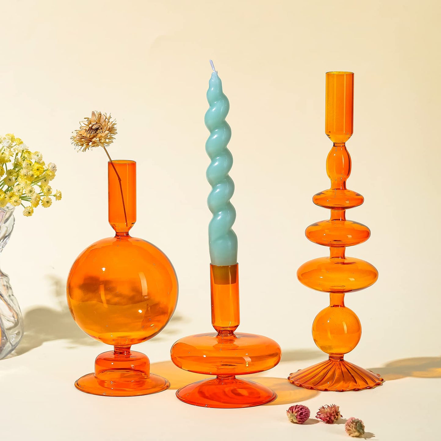 Rtteri 3 Pcs Glass Candlestick Holders Glass Candle Holders Groovy Wavy Elegant Taper Candle Stick for Wedding Home Birthday Party Easter St Patricks Day Decoration Windowsill Decor(Brown)