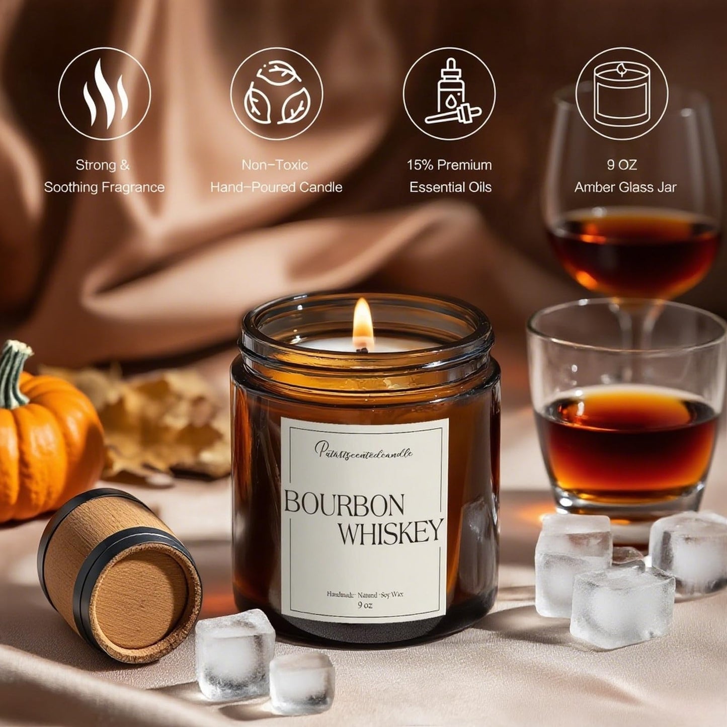 Putart Bourbon Whiskey Scented Candle for Home, Natural Soy Wax Aromatherapy Non Toxic Candle Gifts for Women & Men, Handmade Highly Scented & Long Lasting Jar Candle for Stress Relief (9oz)