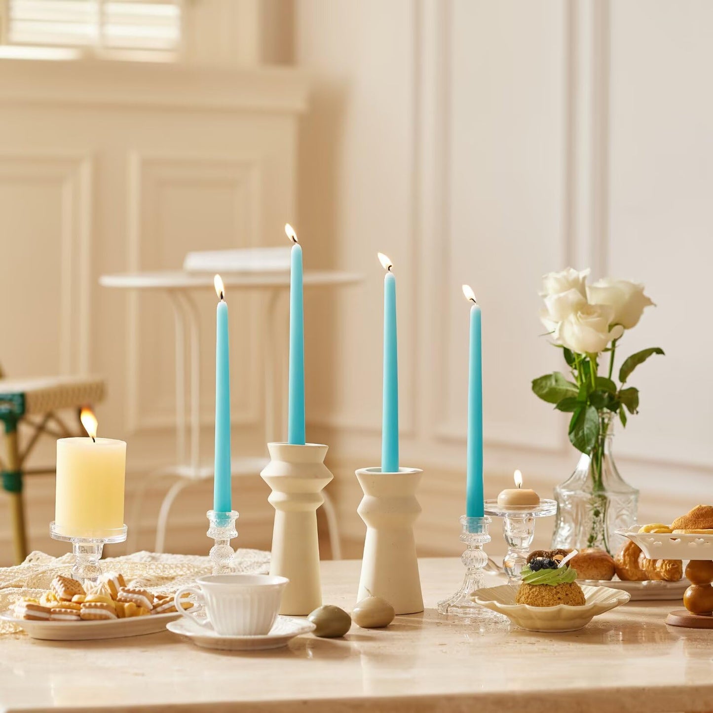 Pickood 12-Inch Tall Dripless Taper Candles Set of 4 - Turquoise Tapered Candles, Perfect for Spring - Smokeless, Unscented, Long Burning - Hand Poured, Colored Tall Candlesticks - Teal