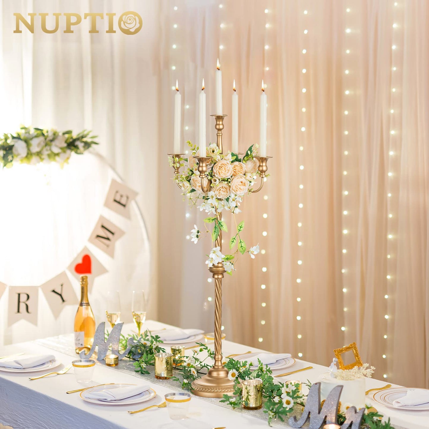 Nuptio Tall Gold Candelabras 34 Inch Candle Stick Holders Set of 2 Floor Candle Stand Taper Candle Holders for Classic Wedding Mantal Christmas Halloween Easter Home Table Centerpiece Decoration