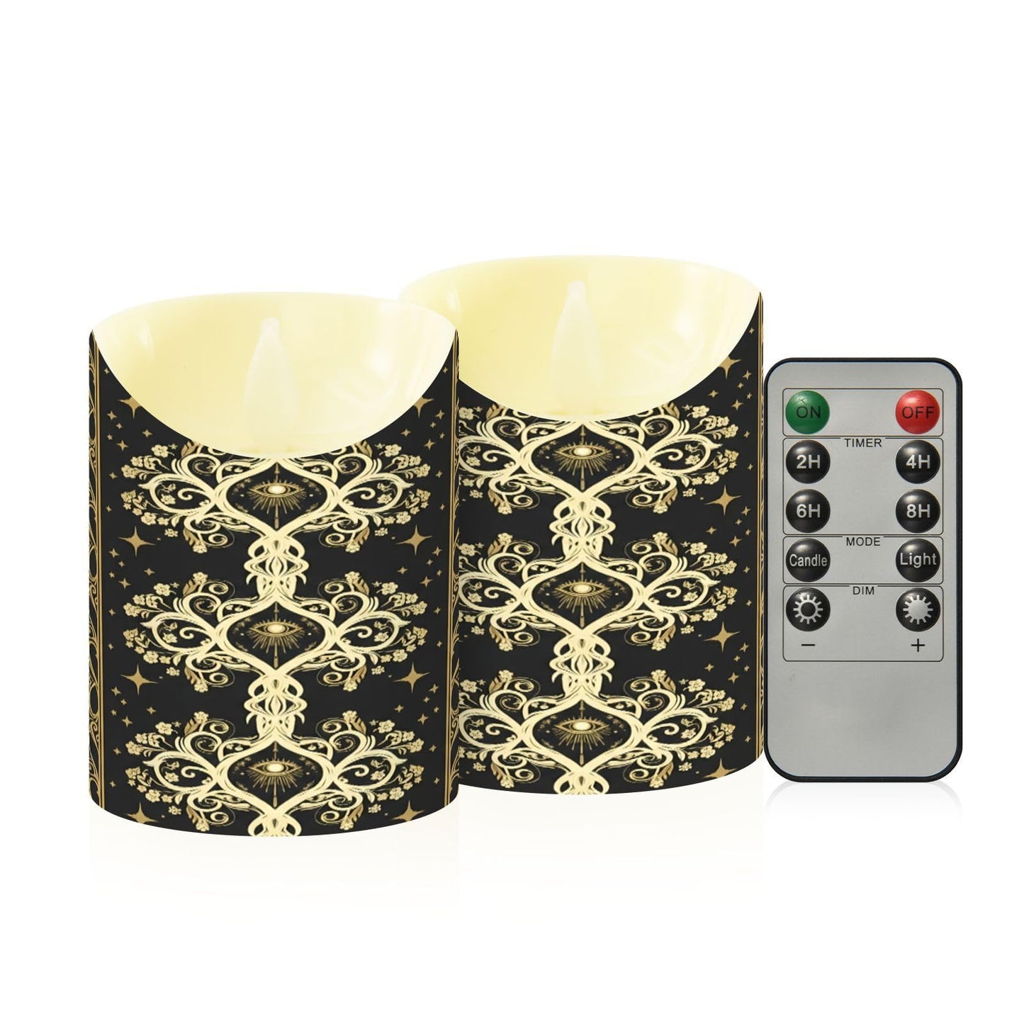 Gravopti Occult Baroque 2 Pack Flameless LED Pillar Candles with Remote & Timer, Battery Operated, Flickering Wax Candle for Wedding, Romantic Home & Party Decor