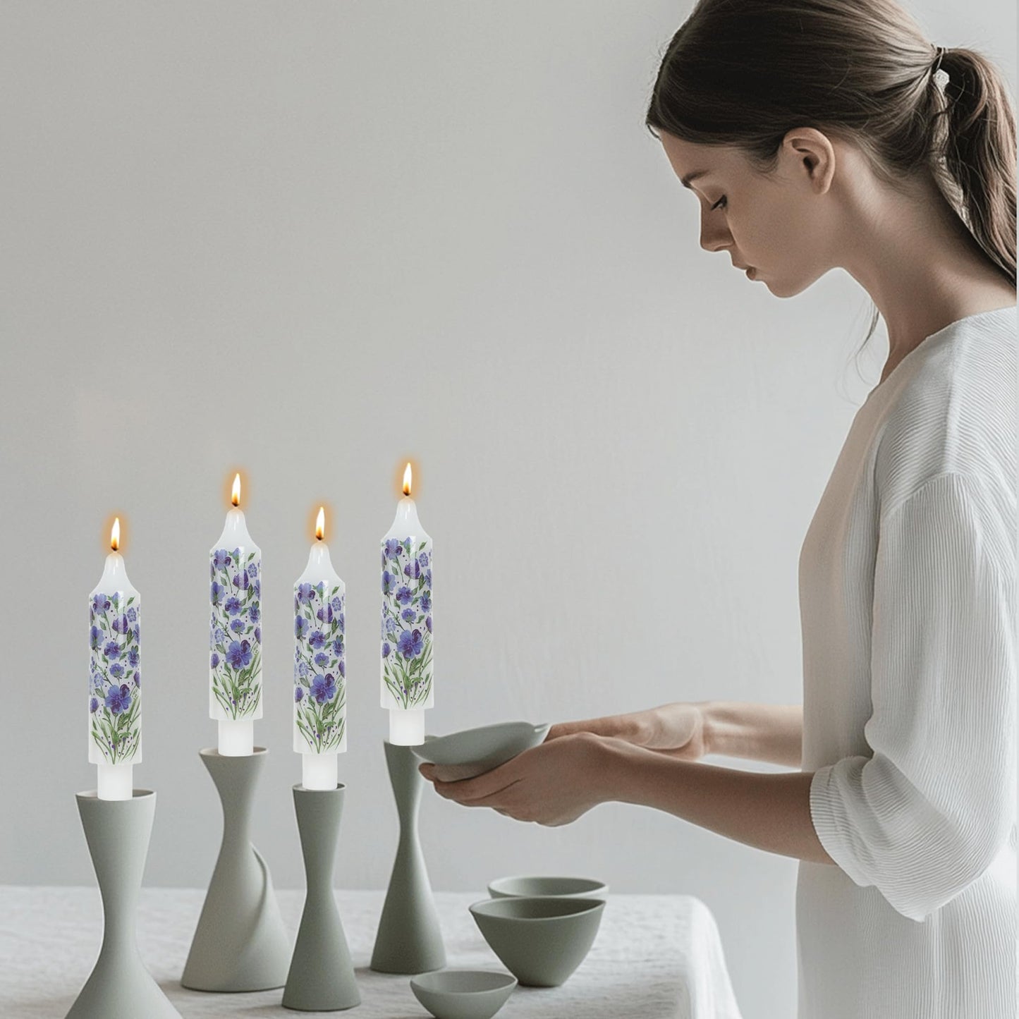 Floral Taper Candle Dripless Candlesticks Blue and White Handmade Candles Short Candle Sticks Flower Tapered Candles for Home Party Wedding Dinner 6inch-4pcs