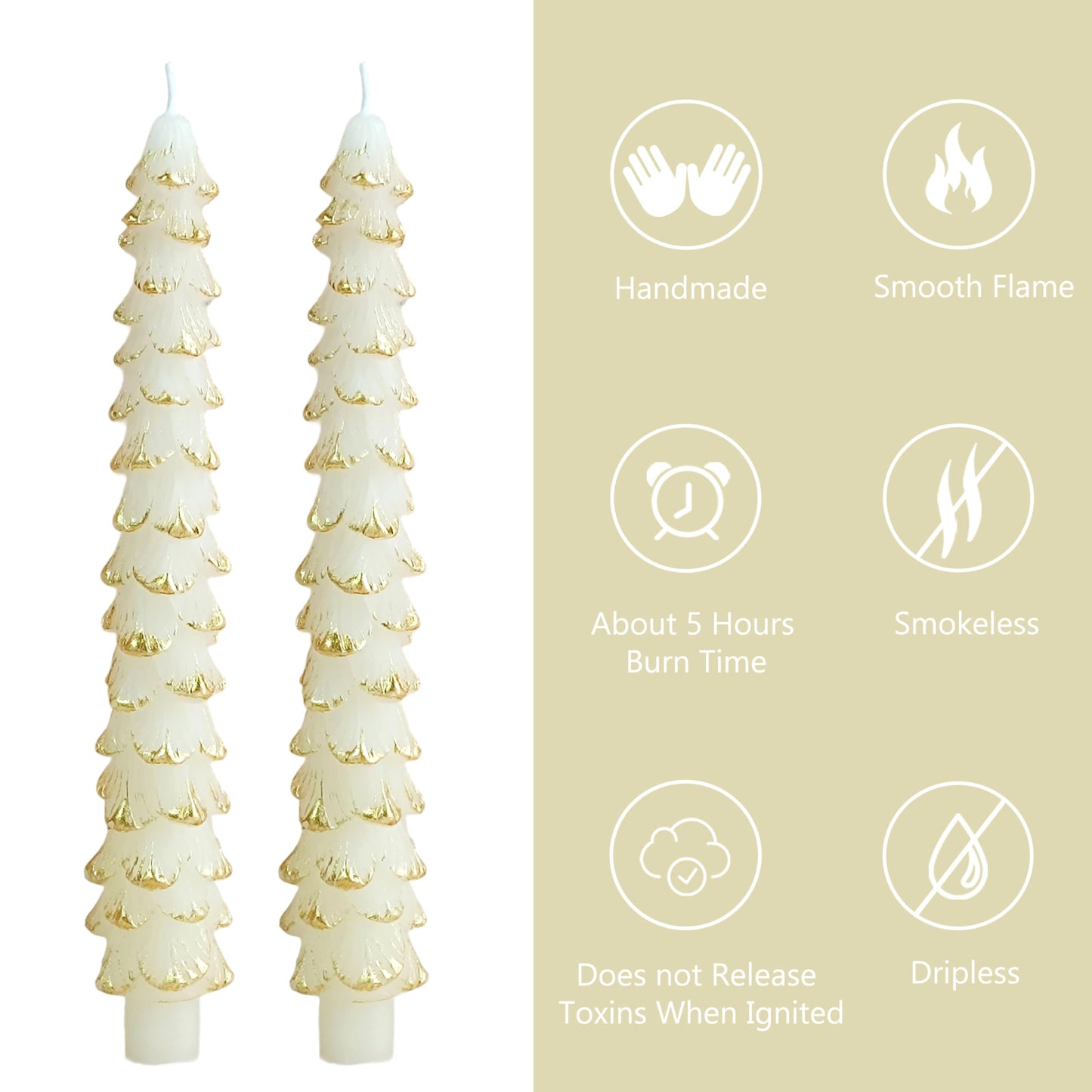 10 Inch Christmas Tree Taper Candles Set of 2, Handmade Unscented White Gold Tapered Candles Dinner Candles for Candlestick Holders, Holiday Wedding Table Decor