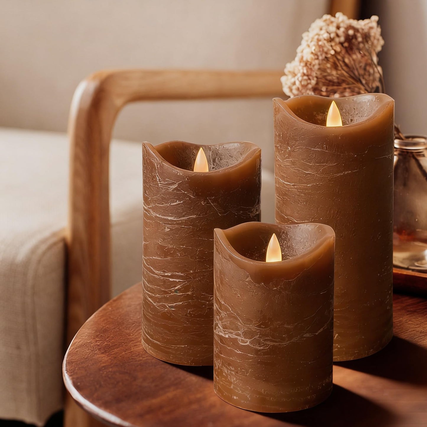 EZiKitchen Real Wax Flameless Candles Set of 3 (D 3" x H 4" 5" 6") Battery Operated LED Candle with Timer Home Decorative Pillar Flickering Lights,Wedding Party Events Decor,Brown